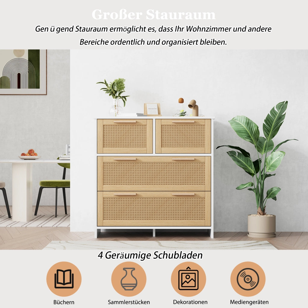 OKWISH Cassettiera in Rattan con 4 Cassetti, Dispositivo Antiribaltamento, per Camera, Soggiorno o Ingresso, 80 x 38 x 80 cm