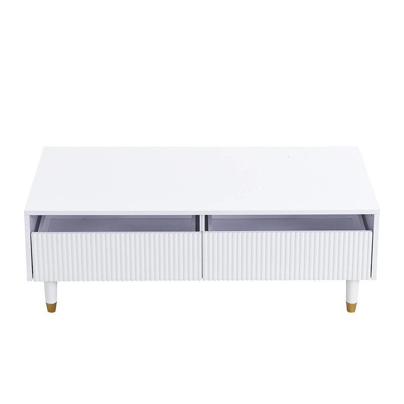 Set soggiorno moderno con mobile TV a 4 ante e tavolino con 2 cassetti, LED 7 colori, MDF bianco