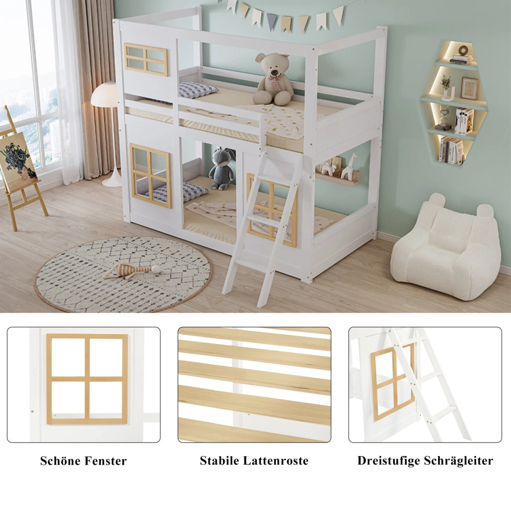 Letto a castello per bambini in pino, MDF e compensato, bianco e naturale, 90x200 cm con finestre decorative e scala robusta