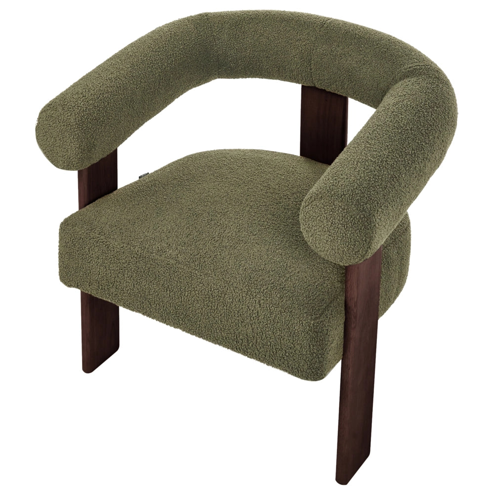 Poltrona verde e marrone scuro con rivestimento in bouclé design retrò gambe in legno per soggiorno
