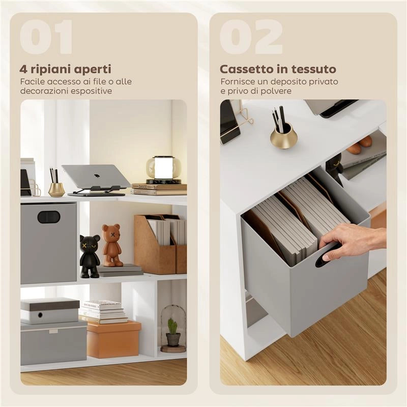 SCRIVANIA ANGOLARE MODERNA CON SCAFFALE E CASSETTO IN TESSUTO, 110X100X75 CM, BIANCO