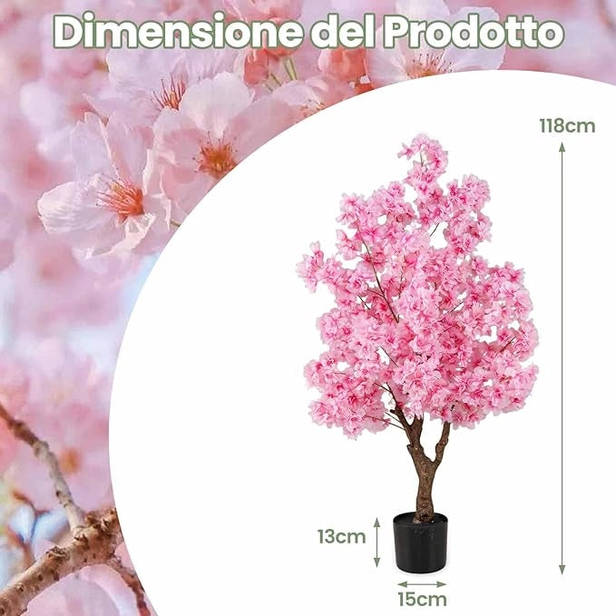 Albero di Ciliegio Artificiale da 118 cm con Fiori Rosa, Tronco PE Multiramo e Base Riempita di Cemento, Pianta Finta da Interno ed Esterno in Vaso per Ufficio, Casa, Matrimonio