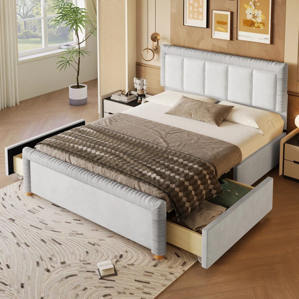 Letto imbottito 140x200 cm in velluto grigio con 2 cassetti e testiera imbottita