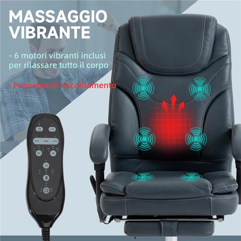SEDIA DA UFFICIO MASSAGGIANTE E RISCALDANTE CON POGGIAPIEDI IN PELLE PU E ACCIAIO 67X67X113-121 CM GRIGIO