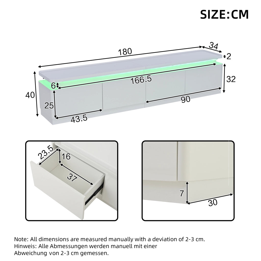 Mobile porta TV con LED, 4 cassetti e finitura lucida, per soggiorno, in truciolato bianco, 180 × 34 × 40 cm