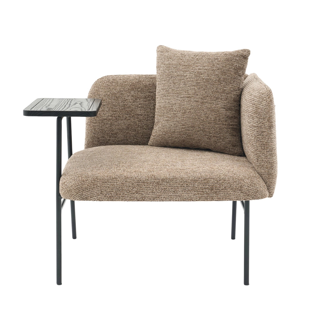 Poltrona moderna in ciniglia con tavolino laterale e tasche portaoggetti, colore khaki