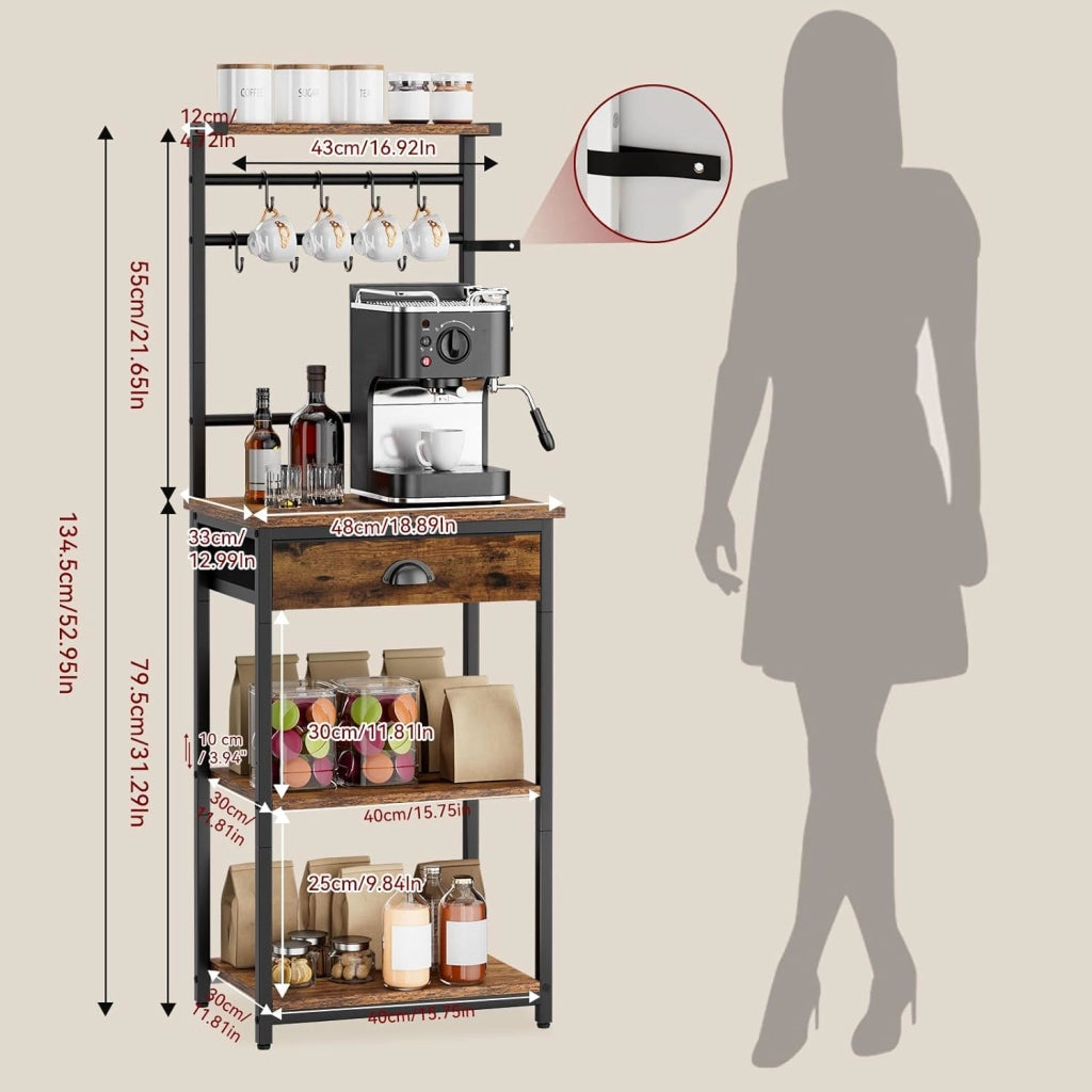 Scaffale da Cucina, Porta-caffè in legno a 5 livelli, Scaffale per macchina del caffè, Organizzatore di 12 ganci, Cassetti in tessuto, 33 x 43 x 134,5 cm, per Soggiorno, Ufficio, Marrone HBR009H