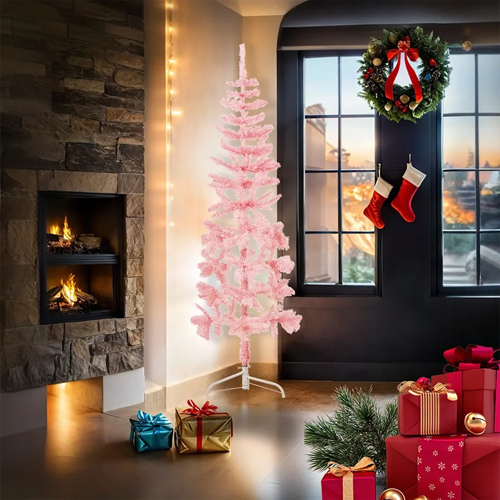 Albero Natale Artificiale Sottile a MetÃ  e Supporto Rosa 180 cm