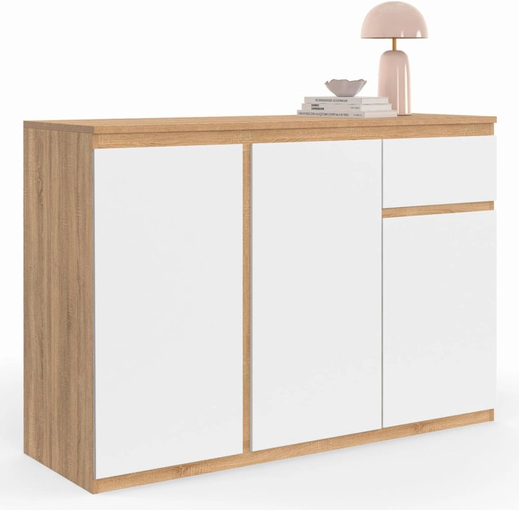 Credenza TOMI 100 cm con 3 ante e 1 cassetto, bianco e legno