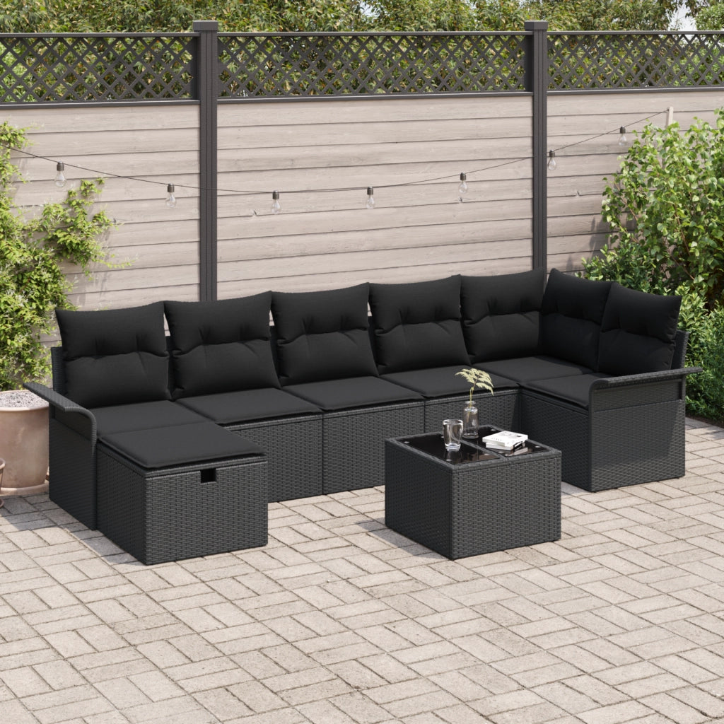 Set Divano da Giardino  8 Pezzi con Cuscini Rattan Poliestere Nero