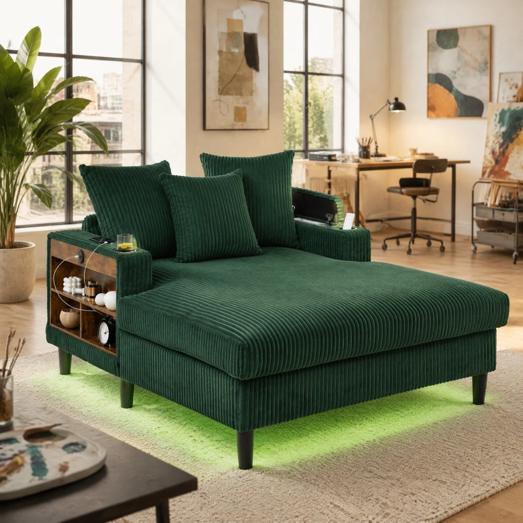 Chaiselongue in velluto a coste smeraldo con LED, portaoggetti e USB