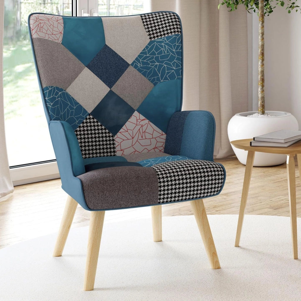Poltrona scandinava IVAR in tessuto patchwork e velluto blu