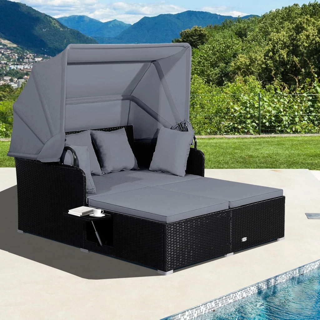 Lettino Prendisole per 2 Persone, Divano Letto Matrimoniale da Esterno in Rattan con Tettuccio Retrattile e Cuscini, Isola Prendisole per Giardino Cortile Balcone,165 x 153 x 138 cm (Grigio)