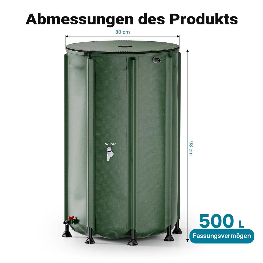 Serbatoio acqua piovana pieghevole da 500 l, con coperchio e rubinetto, contenitore raccolta acqua piovana in PVC da 620 g/m² con attacco per tubo