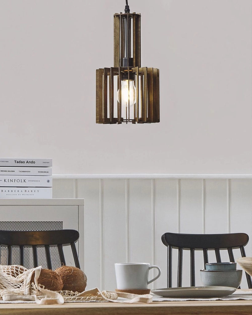 Lampada a Sospensione in Legno Scuro MDF Metallo Lampada a Sospensione Paralume Aperto Boho Design Cucina Soggiorno Decorazioni
