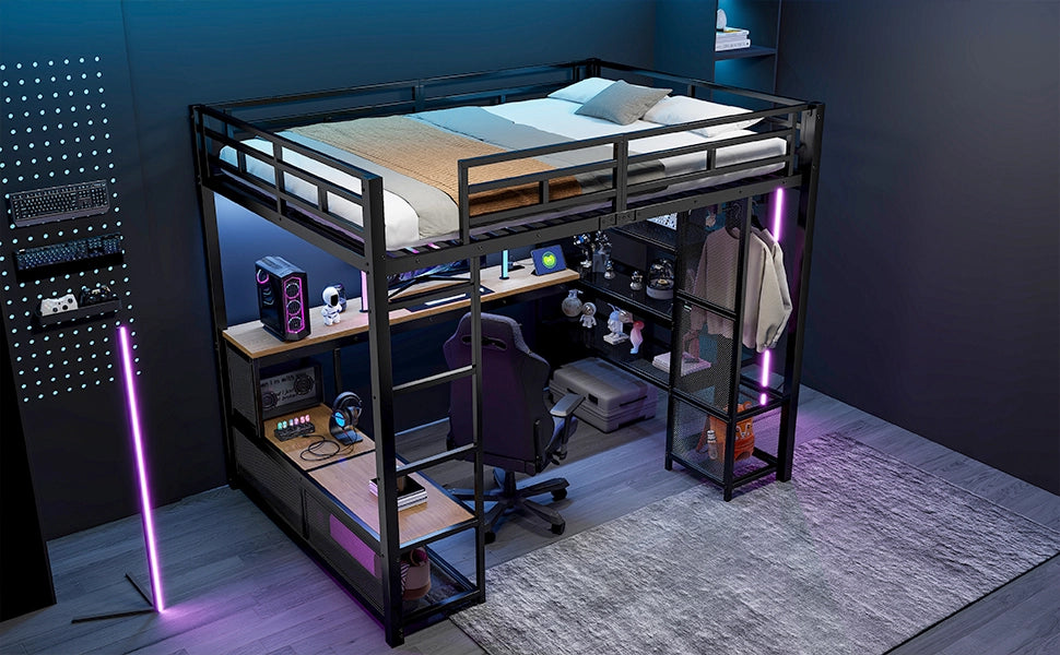 LETTO a soppalco con scrivania e scaffali 140x200 cm in metallo e MDF nero