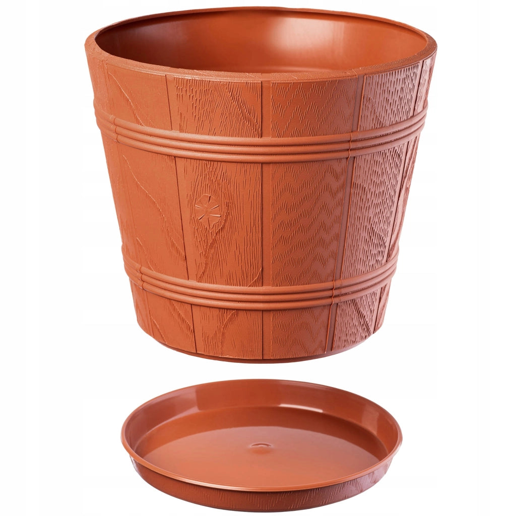 Vaso da fiori KADAX da 17 cm con coperchio effetto legno e supporto in plastica.