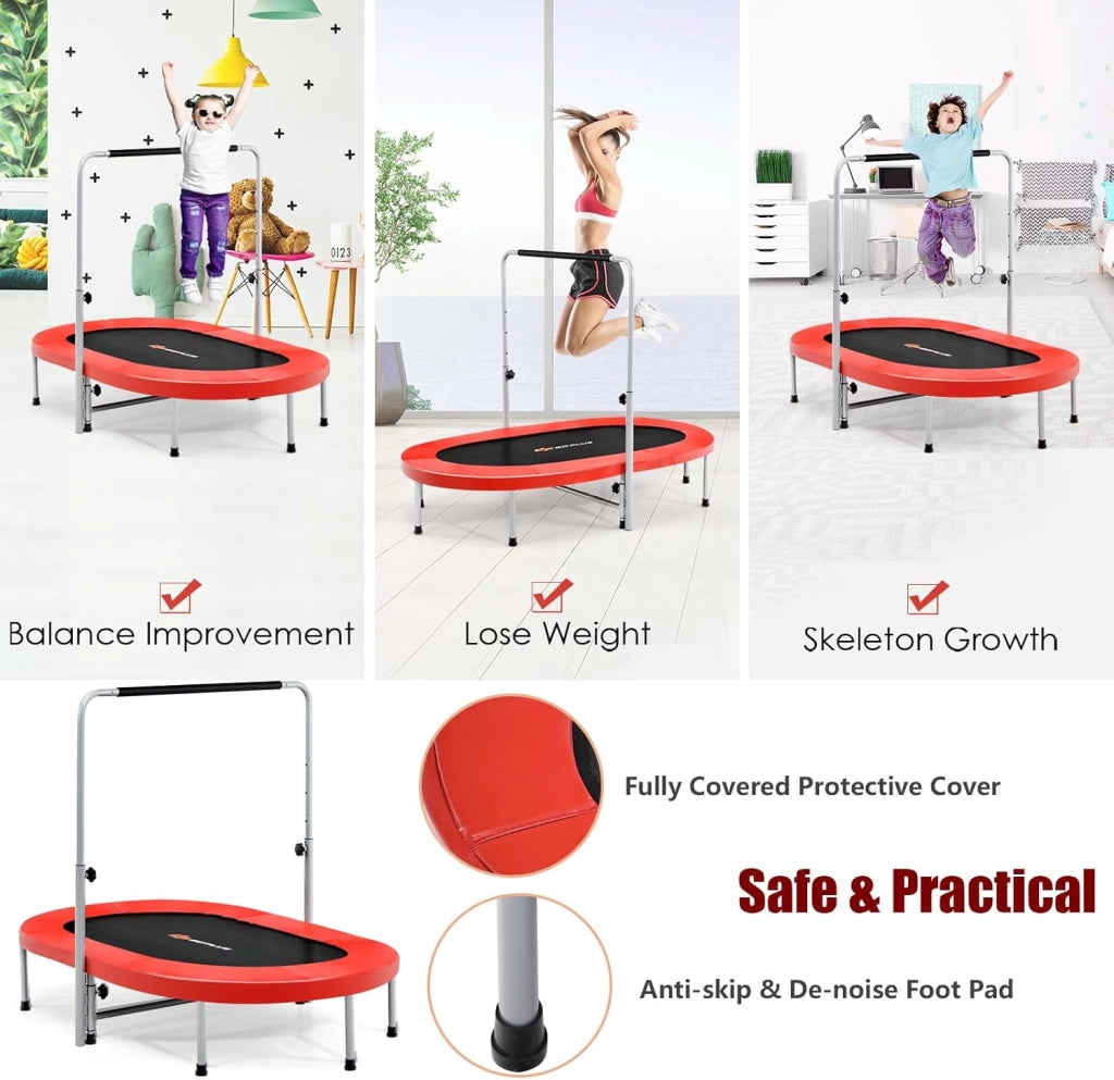 Trampolino doppio per bambini, 154 x 90 cm (L x L), Trampolino per fitness pieghevole, maniglia regolabile, rimbalzo ovale per bambini e adulti, portata massima di 150 kg