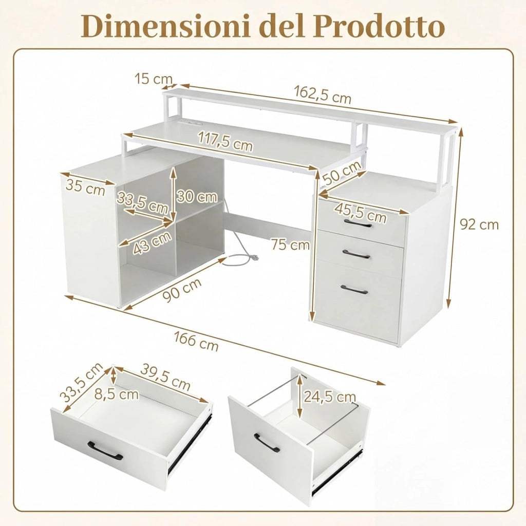 Scrivania Angolare con Prese di Alimentazione, Scrivania ad Angolo Salvasapazio con Cassetto, Supporti per Stampante e Monitor e Cubi, Scrittoio per Studio, Lavoro e Gaming