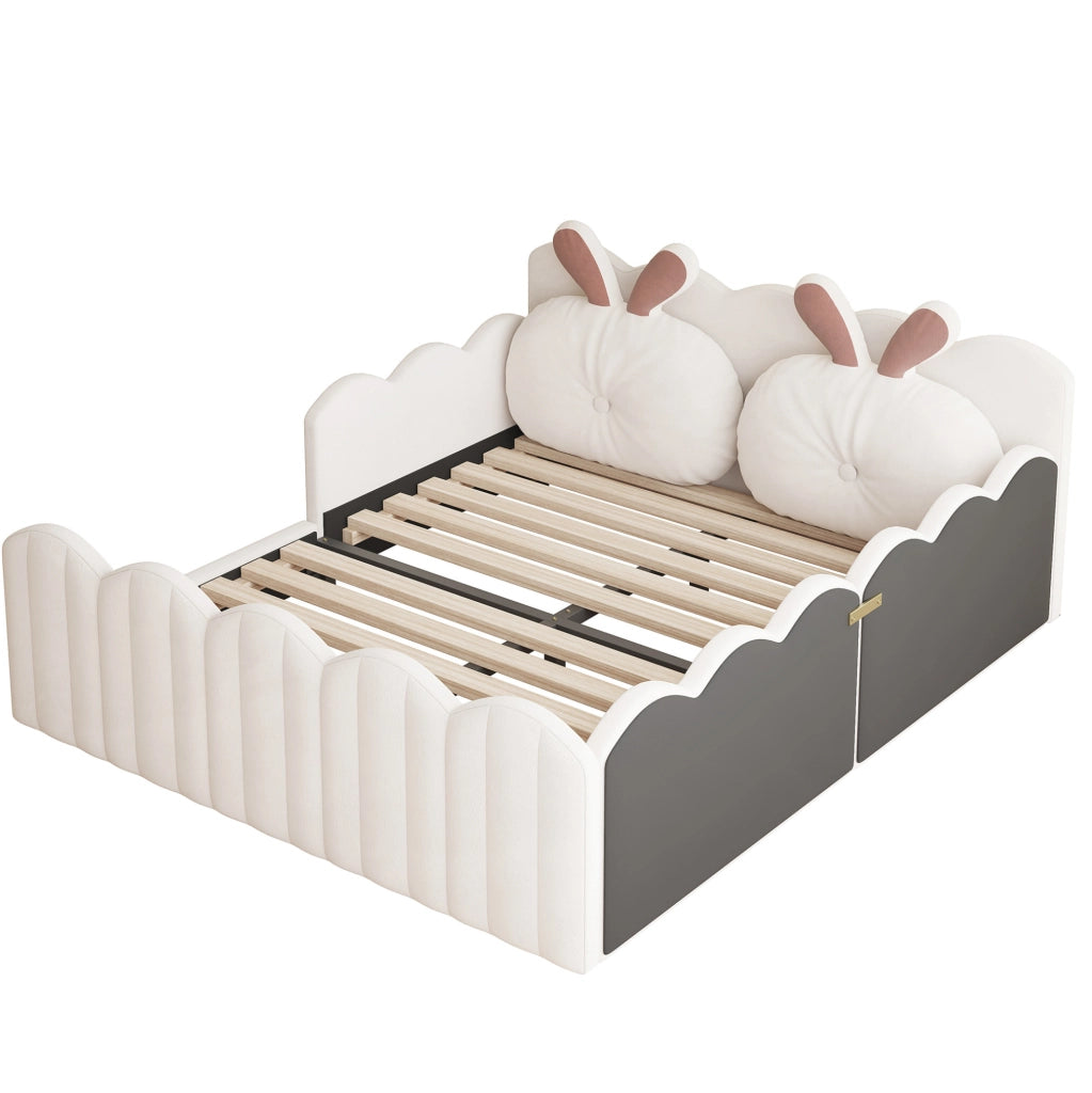 Letto piattaforma imbottito beige 140x200 cm con cuscino a forma di coniglio