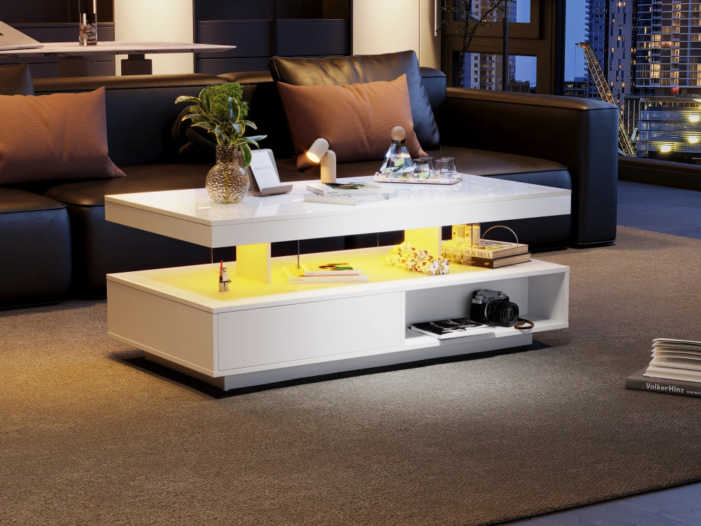 TAVOLINO DA SALOTTO 95x50x42,5 cm Bianco Lucido con 2 cassetti e 2 vani aperti