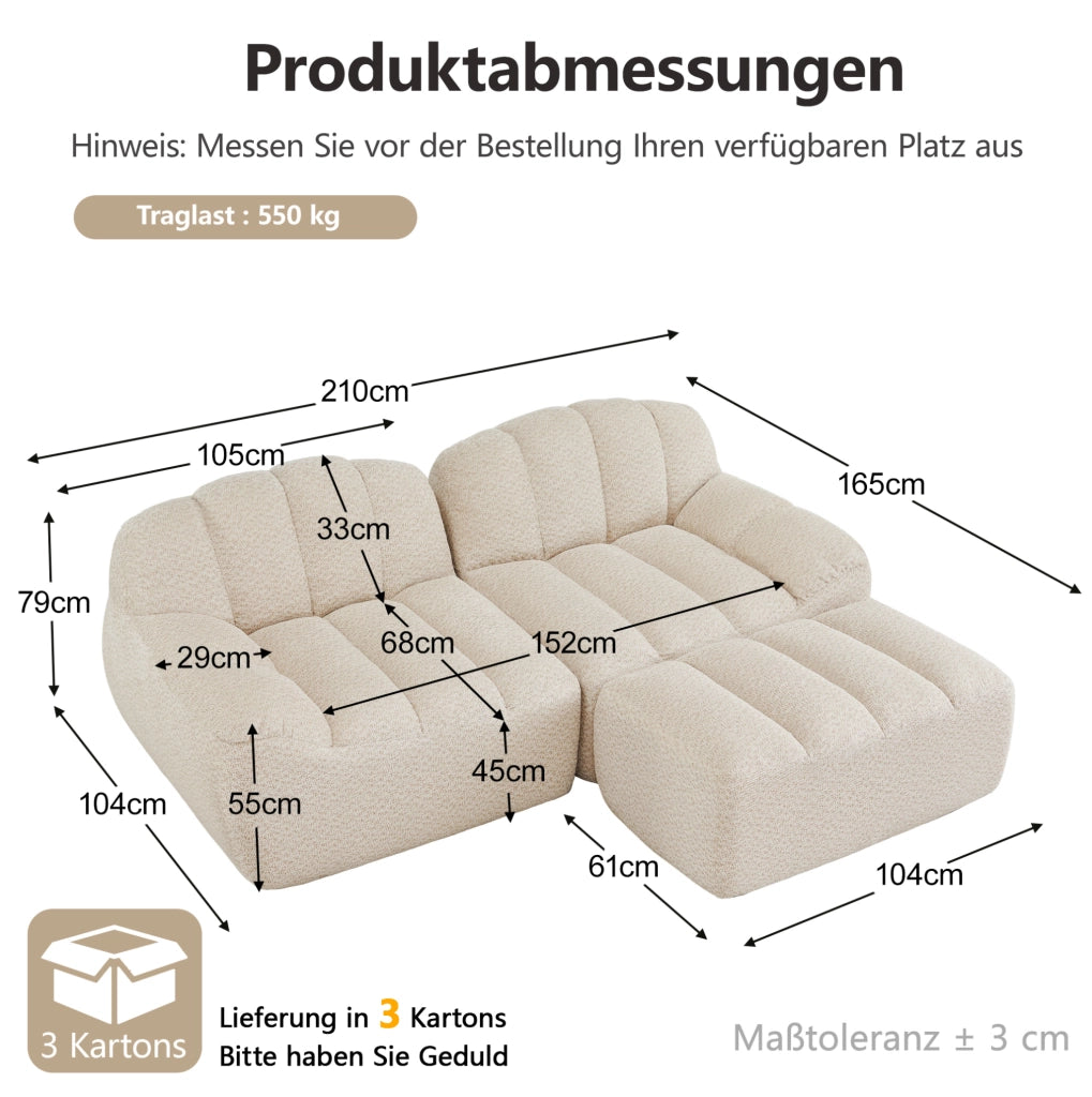 Divano modulare angolare 2 posti con ottomana 210x165x79 cm in fleece granulato beige bianco