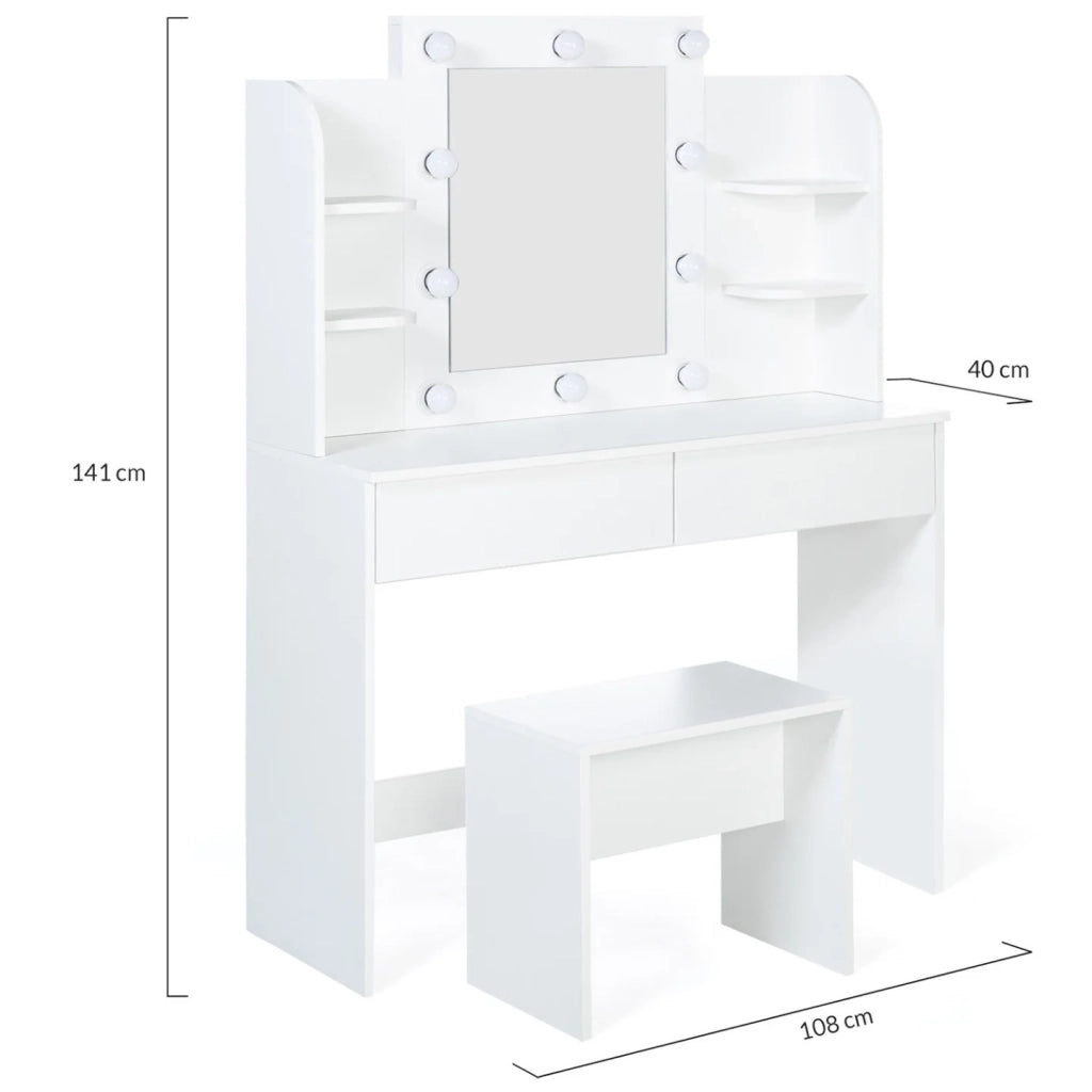 IDMarket - ZELIA tavolo da toilette bianco con 4 ripiani, specchio LED e sgabello