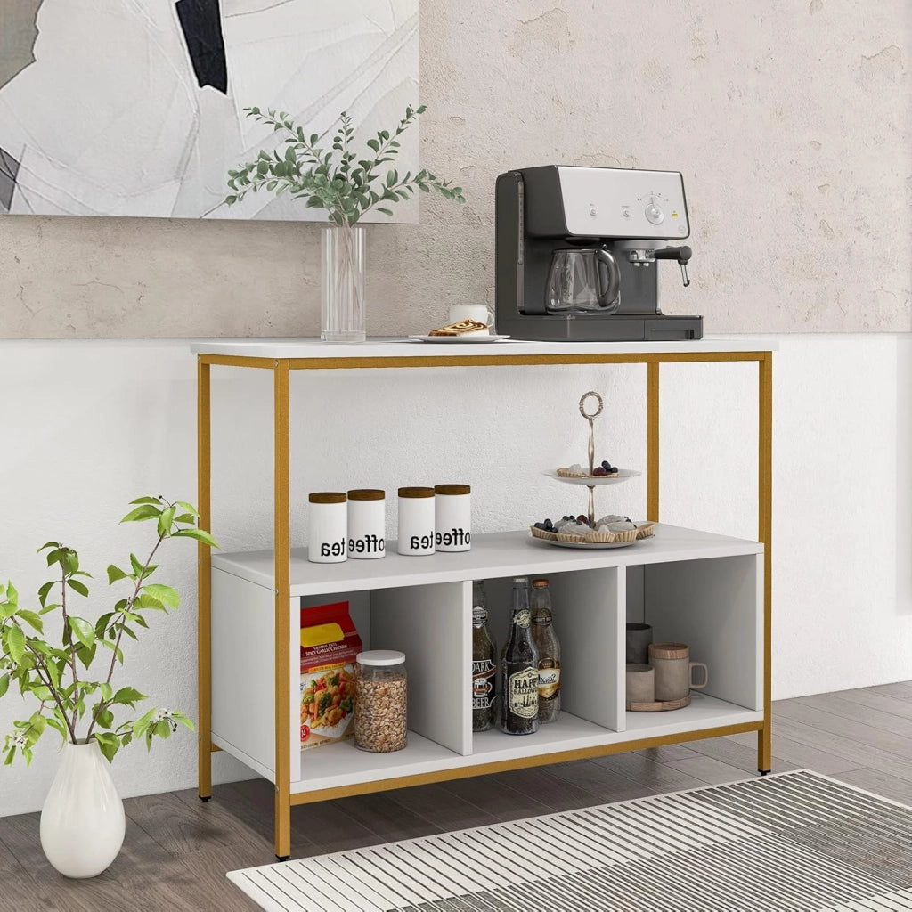 Credenza da cucina, armadio portaoggetti basso con ampio piano di lavoro, grande ripiano aperto, 3 scomparti, per cucina, sala da pranzo (bianco)