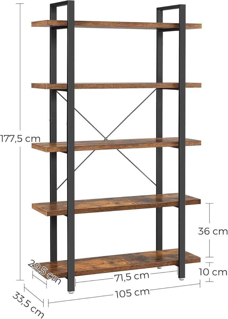 VASAGLE Libreria a 5 Ripiani, Scaffale in Stile Industriale, Portaoggetti Stabile, Facile da Montare, per Soggiorno, Camera da Letto, Ufficio, Marrone Vintage e Nero LLS55BX