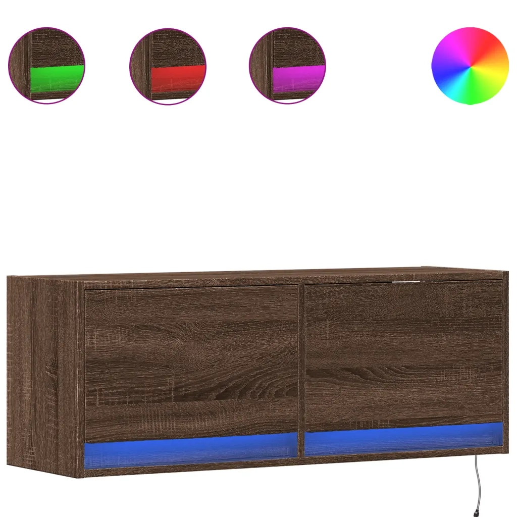 Mobile TV a Parete con Luci LED Rovere Marrone 100x31x35 cm 852368