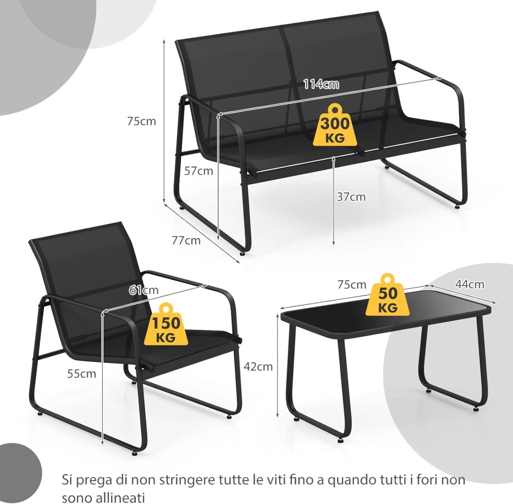 Set Tavolo e Sedie da Giardino 4 Pezzi, Tavolino in Vetro Portato 50 kg, Sedie Portata 150 kg, Panca Portata 300 kg, Set Bistro in Tessuto Textilene, per Cortile Terrazza Piscina (Nero)