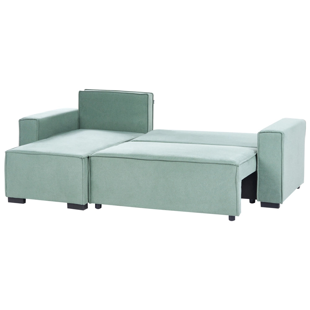 Divano letto angolare a 3 posti con rivestimento in tessuto verde chiaro, lato destro, con braccioli contenitore reversibili, stile moderno per soggiorno