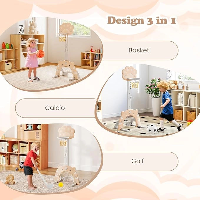3 in 1 Canestro da Basket per Bambini, con Canestro Calcio e Golf, Cerchio Rimovibile e Pieghevole, Set da Gioco Regolabile per Interno ed Esterno, 3 Anni+ (Moca)