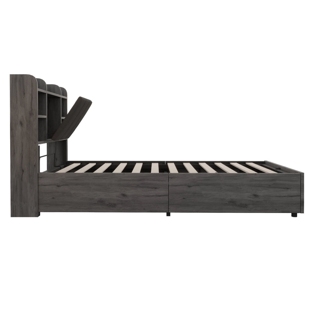 Letto singolo 90x200 cm con contenitore idraulico; USB e USB-C in MDF grigio