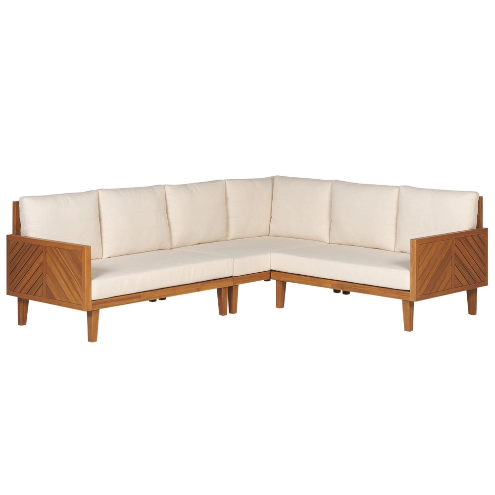 Set divani da giardino in legno di acacia cuscini beige chiaro 4 posti con tavolino design moderno set conversazione per esterni