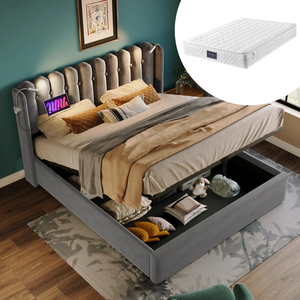 OKWISH Letto Contenitore 160 x 200 cm, Letto Matrimoniale con USB, Luce da Lettura e Vano Contenitore, con Materasso