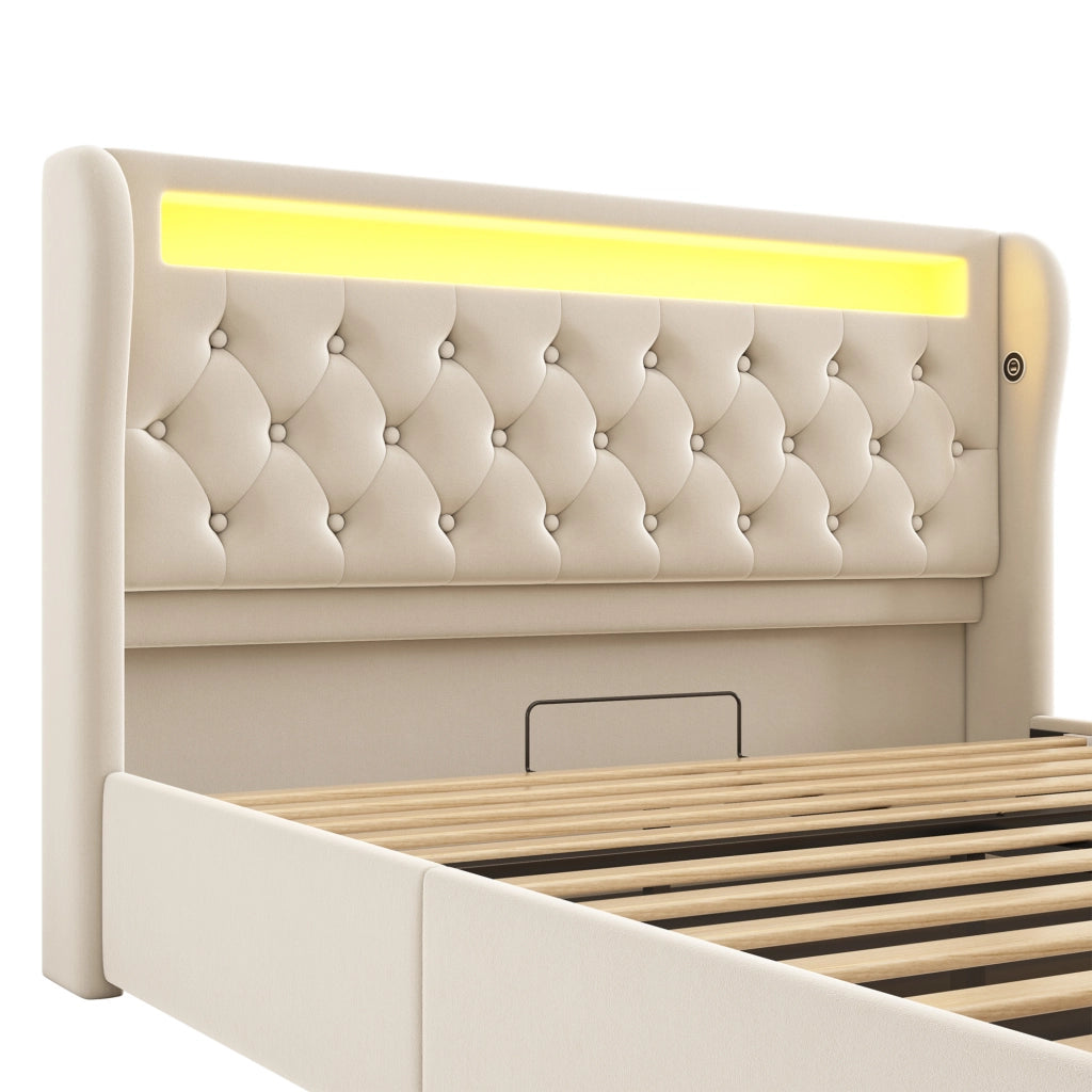 Letto imbottito matrimoniale 140x200 cm in velluto beige con LED; USB e Type-C; contenitore idraulico