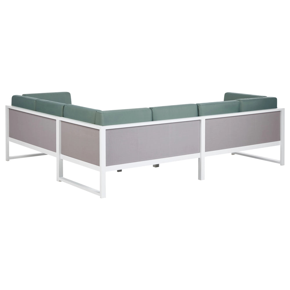 Set da salotto da giardino con tavolino bianco in alluminio bianco con cuscini verdi e tavolino stile moderno esterno