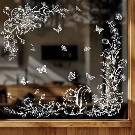 Decorazioni per finestre con immagini di fiori e animali bianchi, adesivi per finestre autoadesivi, farfalle e scoiattoli, decorazione per finestre per primavera e estate, adesivi per finestre per finestre in vetro e porte di vetro.