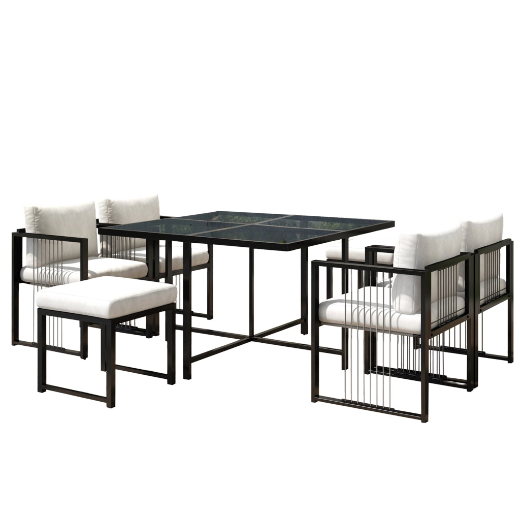 Set da pranzo per esterni da 7 pezzi per 6 persone in metallo e vetro temperato nero e bianco per giardino