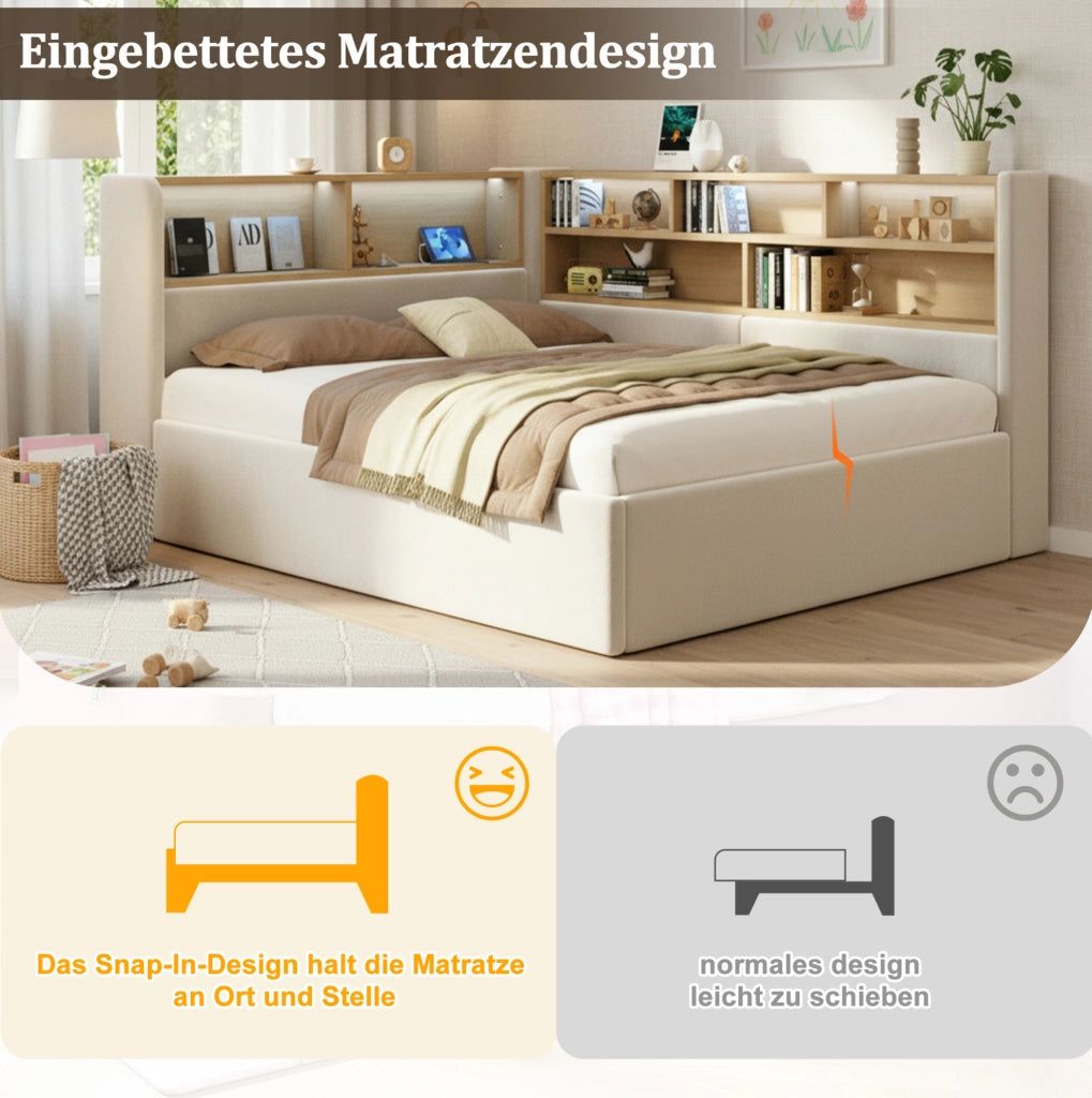 Letto daybed imbottito con contenitore idraulico; LED; USB e Type-C; velluto beige; 214;5x160x90 cm
