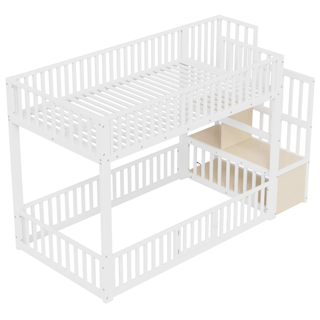 Letto a castello basso 90x200 cm con scala contenitore e LED; bianco