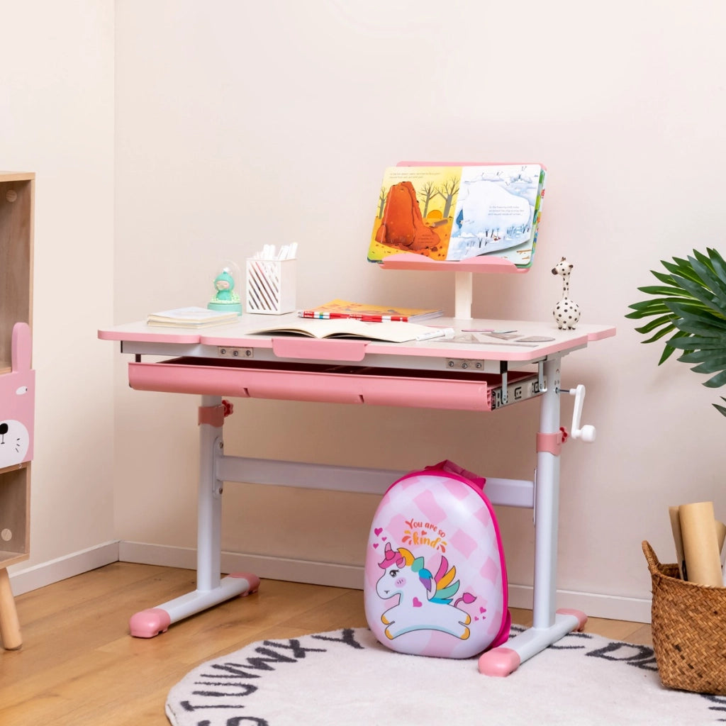 Scrivania per bambini regolabile con piano inclinabile cassetto, Scrivania per bambini tavolo ergonomico Rosa-Tavoli e sedie
