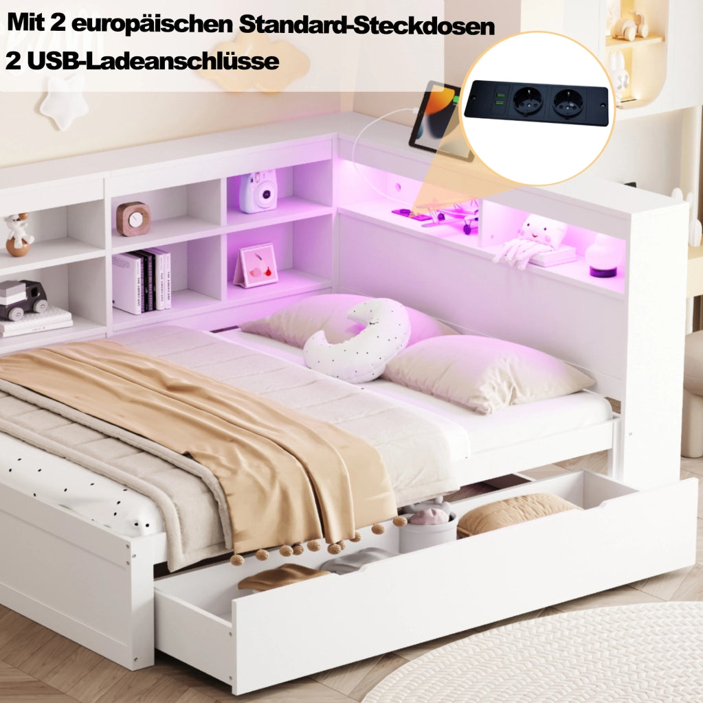 Letto matrimoniale multifunzionale 140x200 cm in legno bianco con USB; LED e vano contenitore
