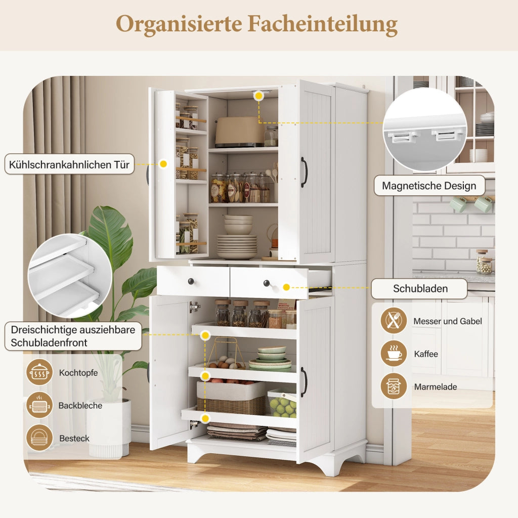 Mobile contenitore alto con ripiani regolabili e cassetti in MDF bianco per cucina soggiorno e studio 77 × 40 × 181 cm