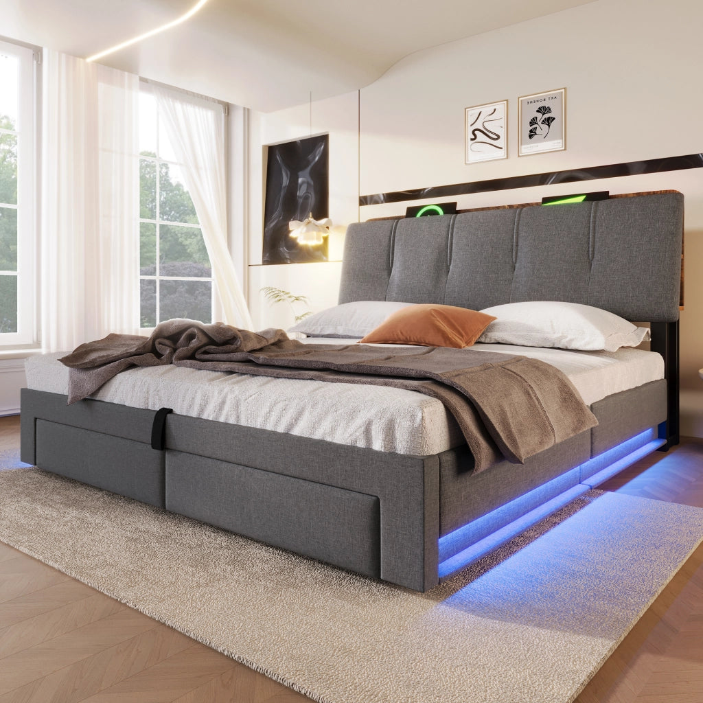 Letto imbottito idraulico con USB LED 140x200 cm colore grigio lino