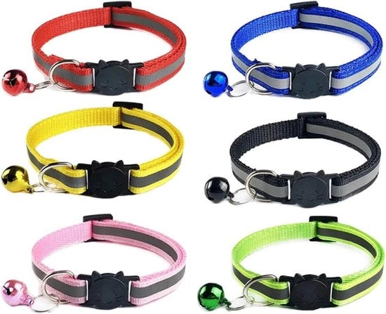 Collare riflettente per gatto e cane - 6 pezzi - larghezza 1,0 cm - lunghezza regolabile 19-32 cm - adatto per gattini e cuccioli - riflettente regolabile - con campanello e dispositivo di sicurezza - adatto per la maggior parte dei gatti domestici
