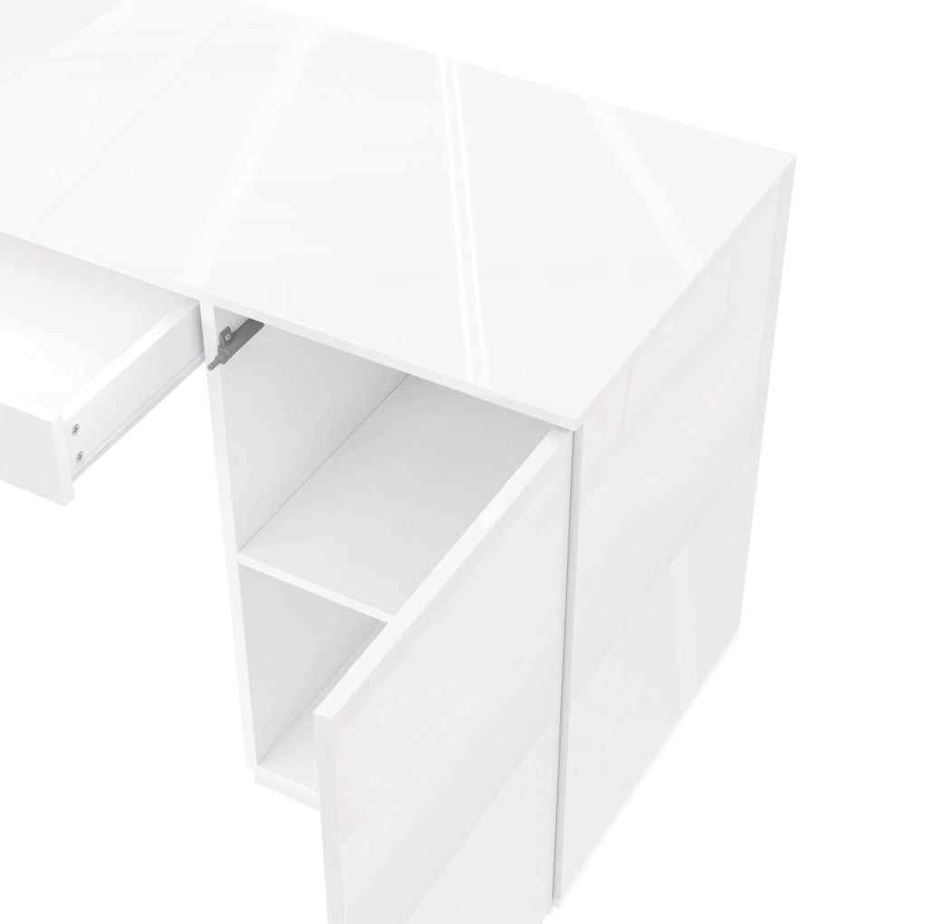 Scrivania moderna 140x50 cm in bianco lucido con LED; 1 cassetto e 2 ante