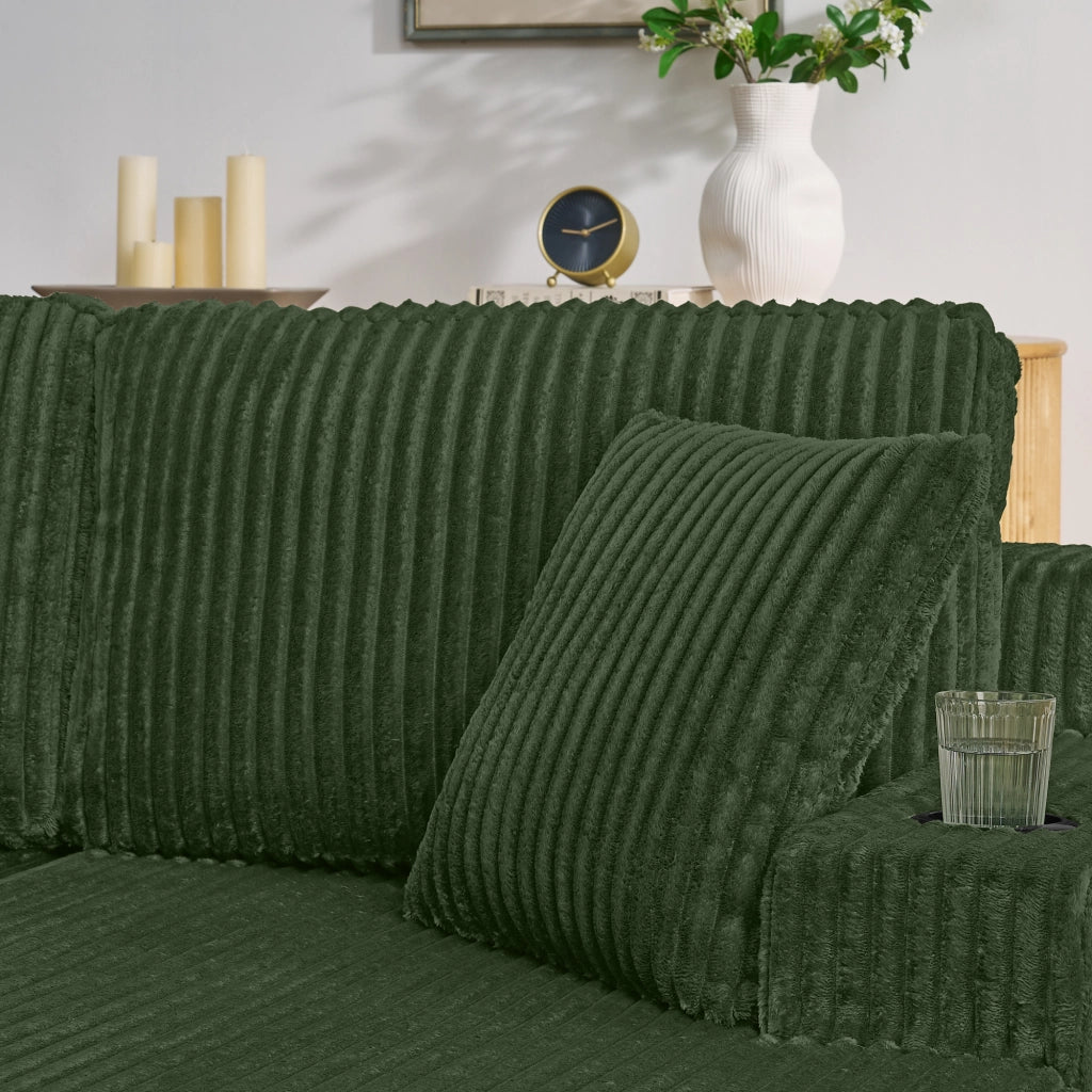 Divano letto a 2 posti modulare in tessuto a coste con tasca laterale, portabicchieri e cuscini, verde