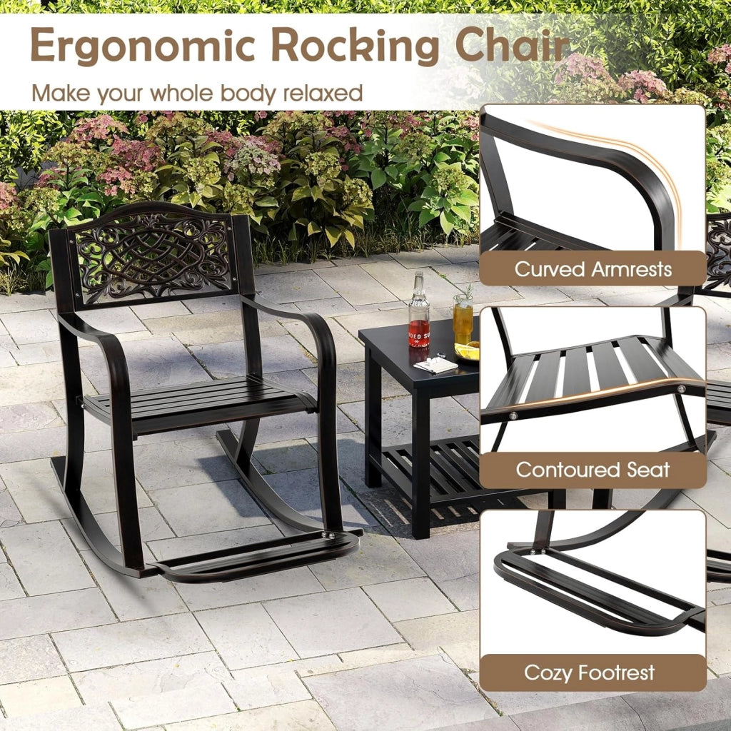 Sedia a dondolo in alluminio pressofuso, sedia a dondolo da giardino con bilanciamento morbido, poltrona da patio con poggiapiedi, schienale alto, carico 150 kg, 91 x 62 x 86 cm